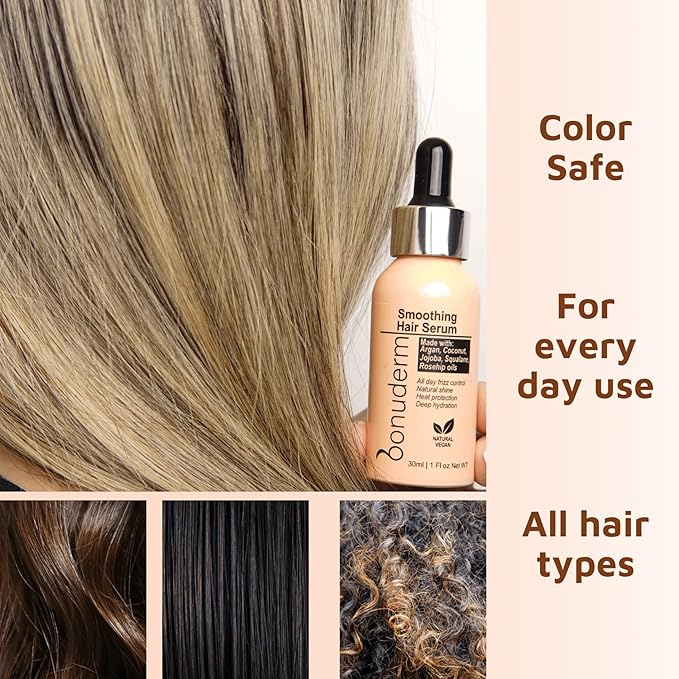 bonuderm Hair Oil for Frizzy, Damaged, Dry Hair | Hydrating, Lightweight, Vegan & Natural Hair Oil | Tames Frizz, Adds Shine, Softness, Conditioning & Heat Protectant for All Hair Types