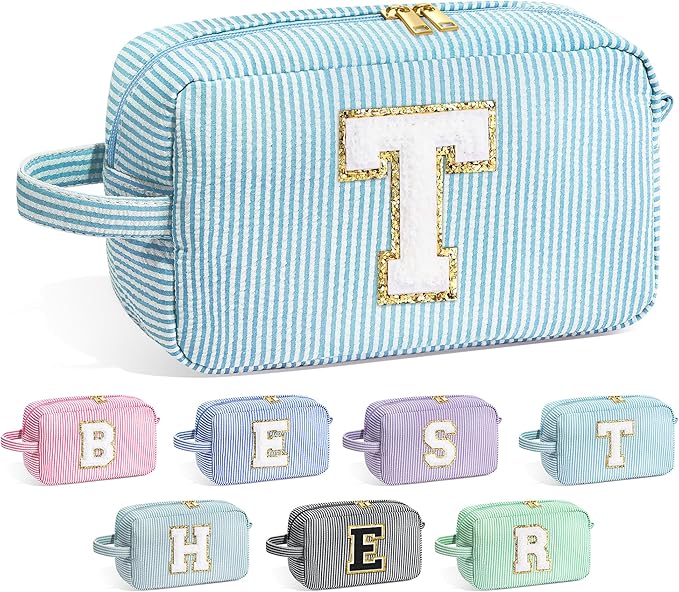 YOOLIFE Teacher Appreciation Gifts for Women - Initial Makeup Bag Letter Toiletry Pouch Cosmetic Case, Personalized Birthday Gifts for Women Girls Mom Daughter Sister Friends, Light Blue T