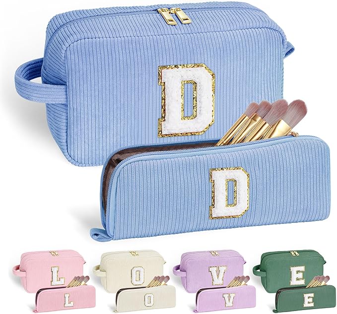 YOOLIFE Birthday Gifts for Woman - Monogram Letter Blue Makeup Bag With Brushes - Cosmetic Bags for Girls & Sister - Her Friendship Gifts - Best Friend & Granddaughter - Letter D