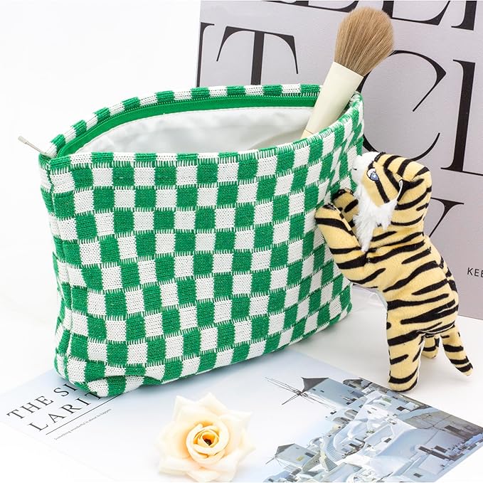 PAZIMIIK Checkered Makeup Bag for Purse, Small Flat Cosmetic Pouch,Green