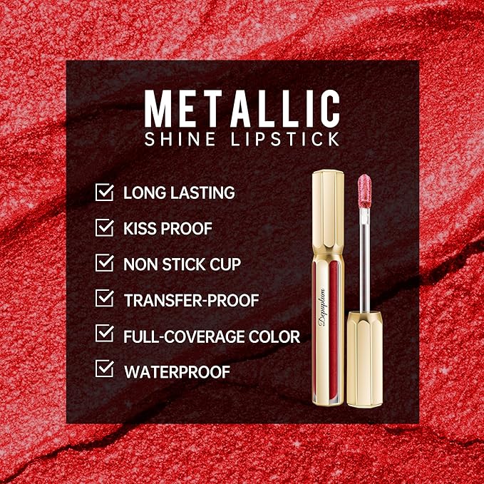 Dark Red Lipsticks for Women Metallic Glitter Long Lasting Lipstick