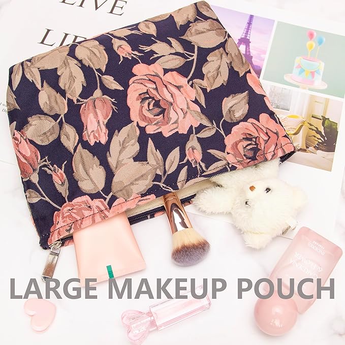 Flat Makeup Bag for Women,Zipper Cosmetic Pouch for Purse,Rose Black Blue
