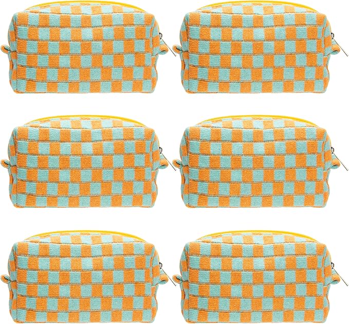 Checkered Makeup Bag for Purse, Small Cosmetic Pouch,Orange Green,6 Pack
