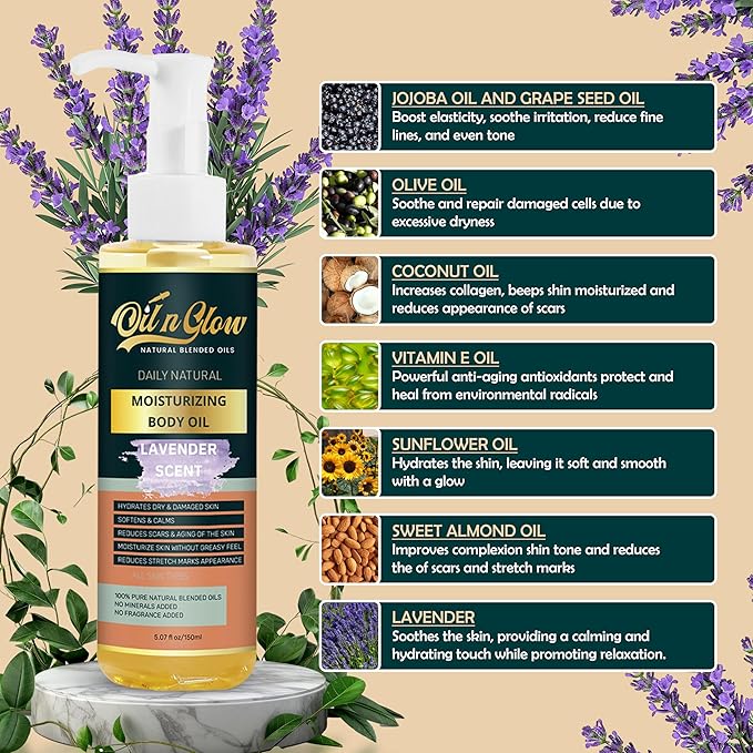 OilnGlow 100% Natural Hydrating Body Oil After Shower, Non-Greasy Moisturizing Body Oils For Women, & Men Dry Skin 5.07 fl oz/150ml- Lavender Scent