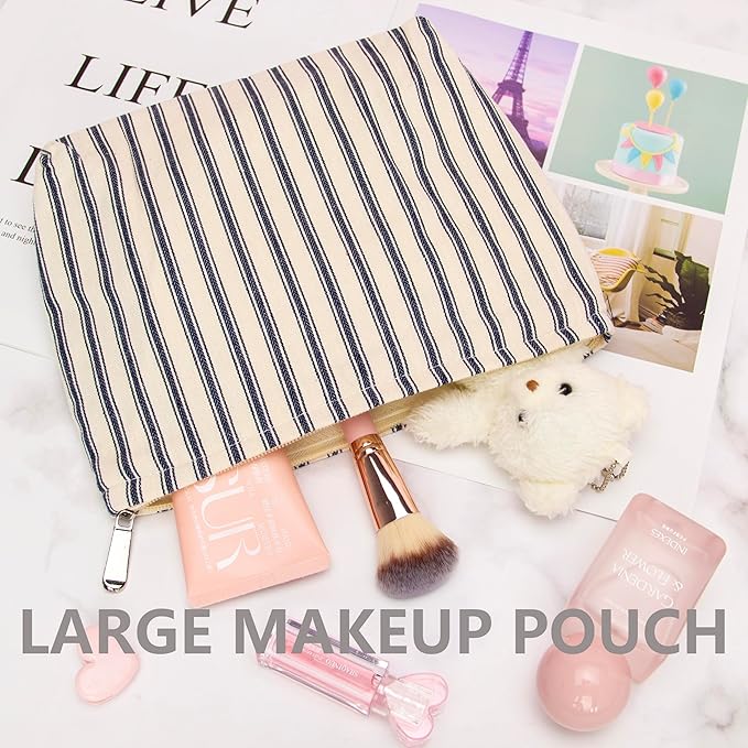 Flat Makeup Bag for Women,Zipper Cosmetic Pouch,Vintage Stripe Navy Blue
