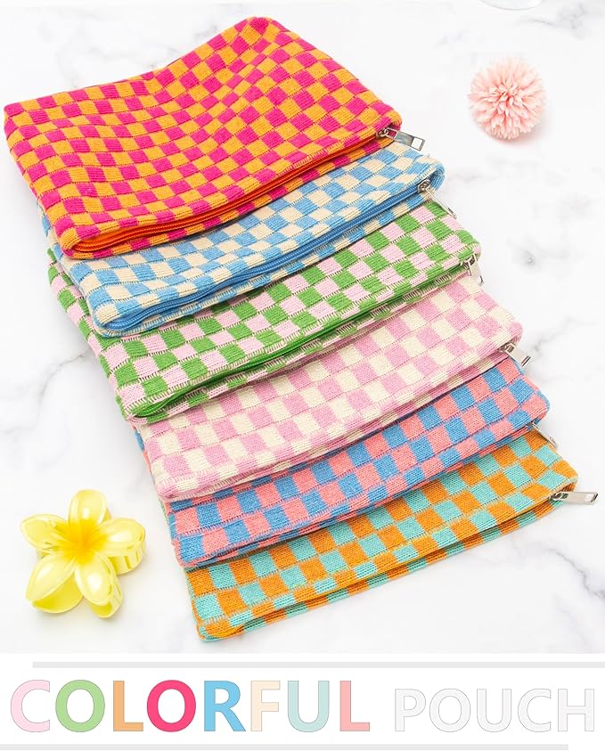 Checkered Makeup Bag for Purse, Small Flat Cosmetic Pouch,Pink Green