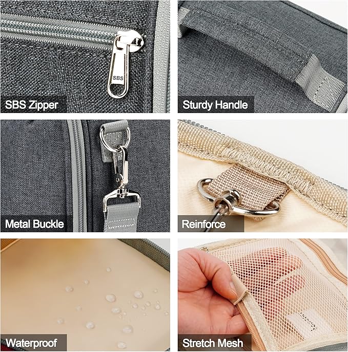 COOSKY Hanging Toiletry Bag for Women & Men, Cruise Ship Travel Essentials, Holds Full Size Shampoo, with Dry and Wet Separation Cosmetic Bag, Makeup Organizer Bag, Bathroom Water-resistant Bag, Grey