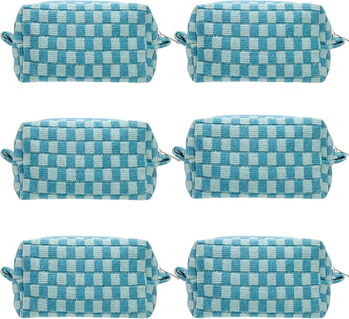 Checkered Makeup Bag for Purse, Small Cosmetic Pouch,Lake Blue,6 Pack