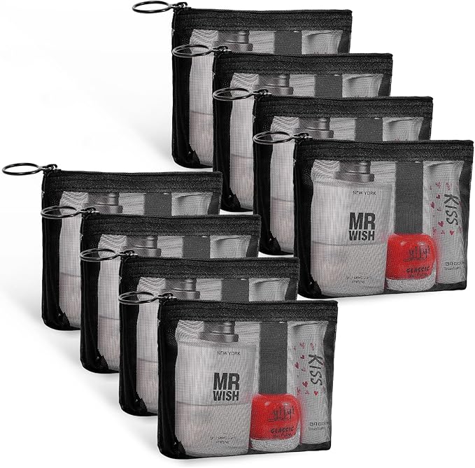 Fassave 8 Pack Mini Zipper Mesh Makeup Bags, Nylon Cosmetic Bags Toiletry Purse Travel Organizer Bags Inside Bag for Office Travel Organization (Widened-Black, XS)