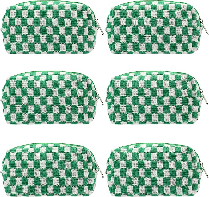 Checkered Makeup Bag for Purse, Small Travel Cosmetic Pouch,Green,6 Pack