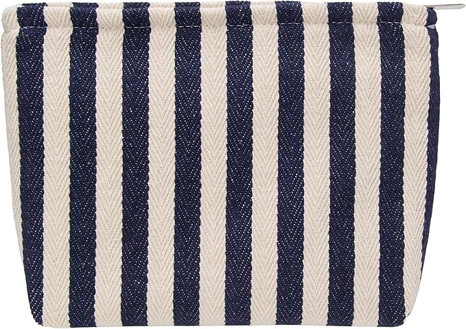 Flat Makeup Bag for Women,Zipper Cosmetic Pouch for Purse,Stripe Navy Blue