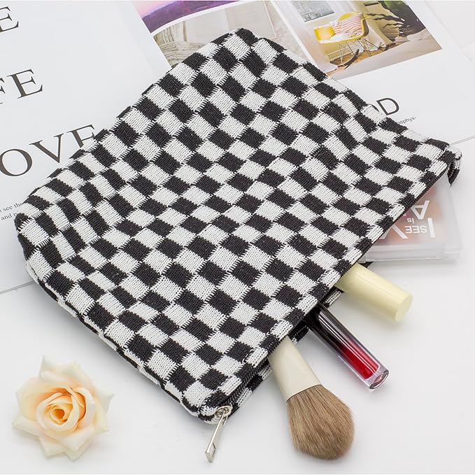 PAZIMIIK Checkered Makeup Bag for Purse, Small Flat Cosmetic Pouch,Black