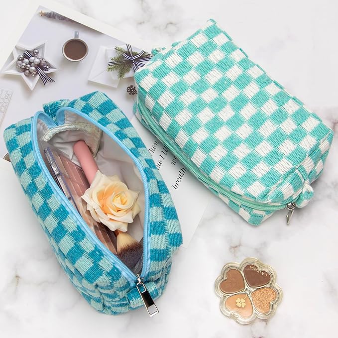 Checkered Makeup Bag for Purse, Small Cosmetic Pouch,Arctic Blue,6 Pack