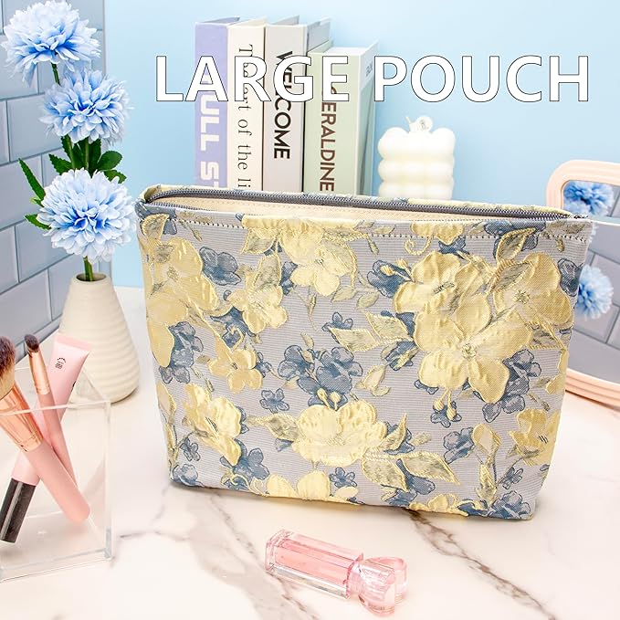 Flat Makeup Bag for Women,Zipper Cosmetic Pouch for Purse,Brocade Blue
