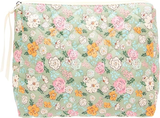 Quilted Makeup Pouch for Women, Travel Cosmetic&Toiletry Bag,Green Flower