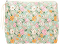 Quilted Makeup Pouch for Women, Travel Cosmetic&Toiletry Bag,Green Flower
