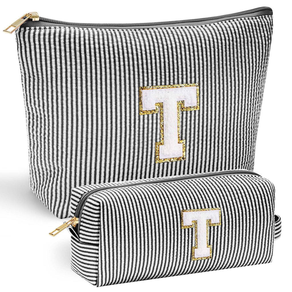 YOOLIFE Teacher Appreciation Gifts for Women - Personalized Birthday Gifts Idea for Women Teacher Best Friend Mom Bridesmaid, Large Initial Makeup Bag, Cosmetic Toiletry Bag Case Make Up Pouch Black T