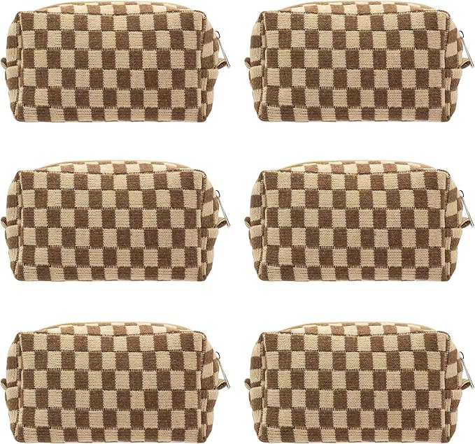 Checkered Makeup Bag for Purse, Small Travel Cosmetic Pouch,Coffee,6 Pack