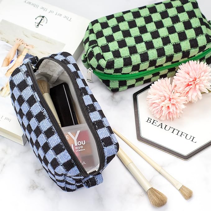 Checkered Makeup Bag for Purse, Small Cosmetic Pouch,Green Blue,2 Pack