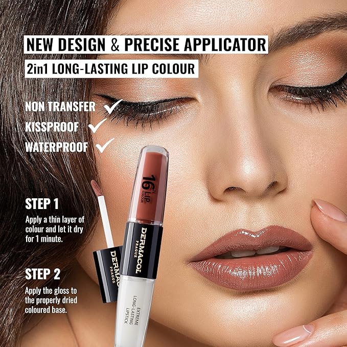 Dermacol 16-Hour Lip Color, Two-Phase Kissproof Lip Stain & Gloss, No.33