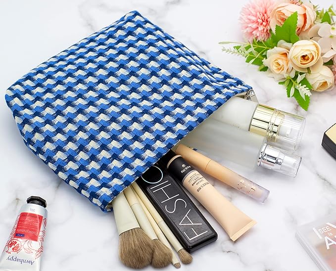 Flat Makeup Bag for Women,Zipper Cosmetic Pouch for Purse,Grid Lake Blue