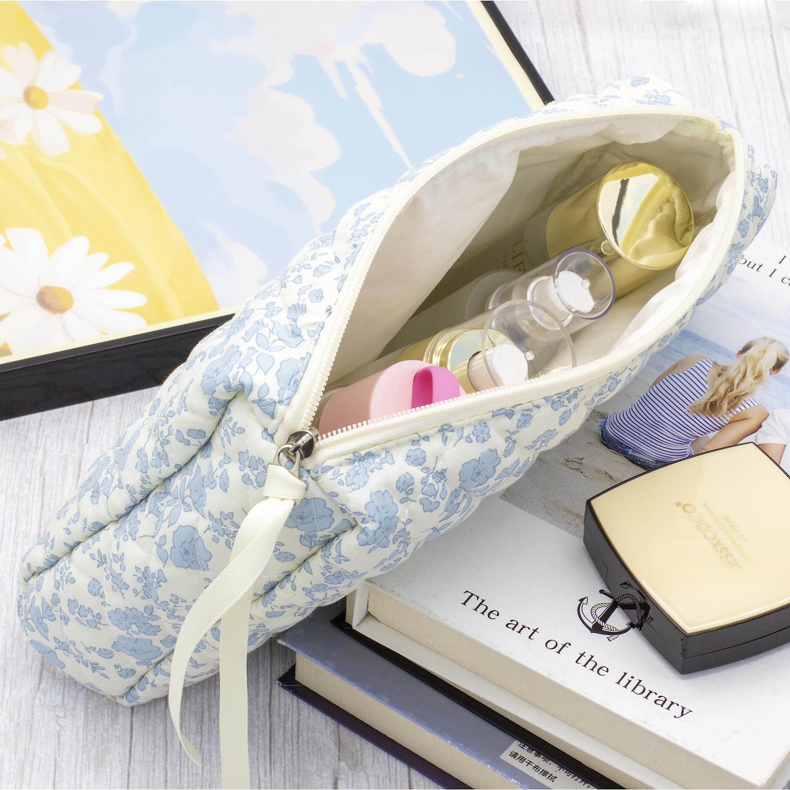 3 Piece Quilted Makeup Bag Set for Women,Cosmetic&Toiletry Bag,Flower Blue