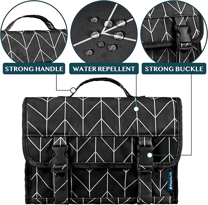 PAVILIA Travel Hanging Toiletry Bag for Women Men, Extra Large Capacity Makeup Bag Kit, Waterproof Cosmetic Storage Organizer Case for Bathroom Shower, Black Chevron