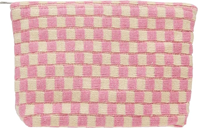 Checkered Makeup Bag for Purse, Small Flat Cosmetic Pouch,Pink Beige