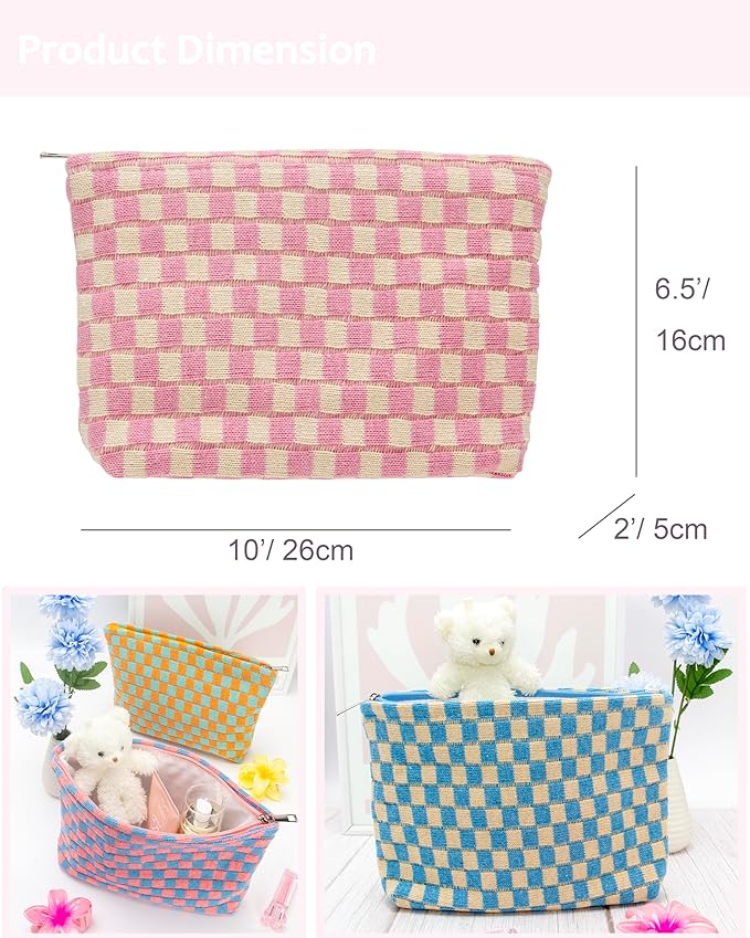 Checkered Makeup Bag for Purse, Small Flat Cosmetic Pouch,Pink Beige