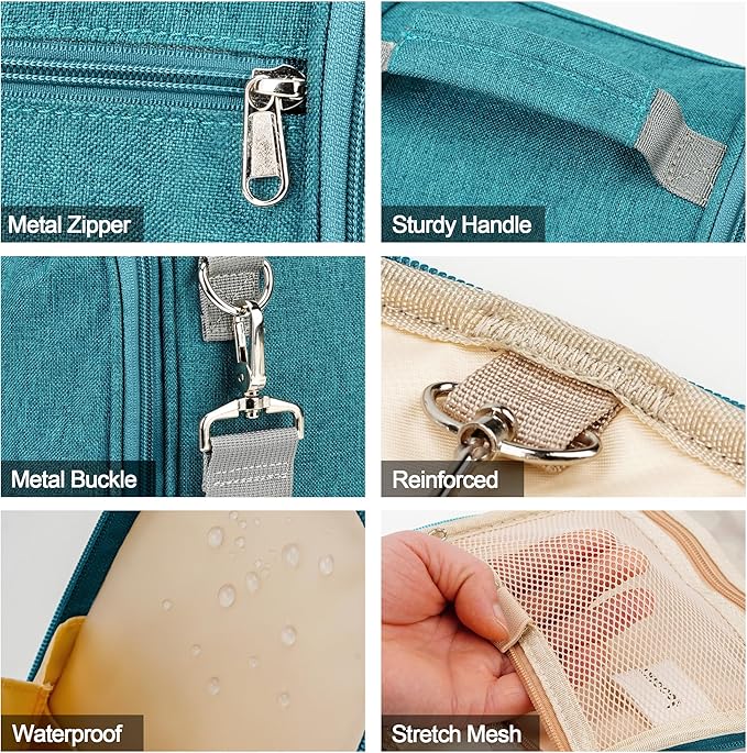 COOSKY Hanging Travel Toiletry Bag for Women and Men, 6 Organizer Compartments, Large Toiletries essentials, Bathroom Cosmetic Accessories, Water-resistant Makeup Bag, Holds Full-Size Shampoo, Blue