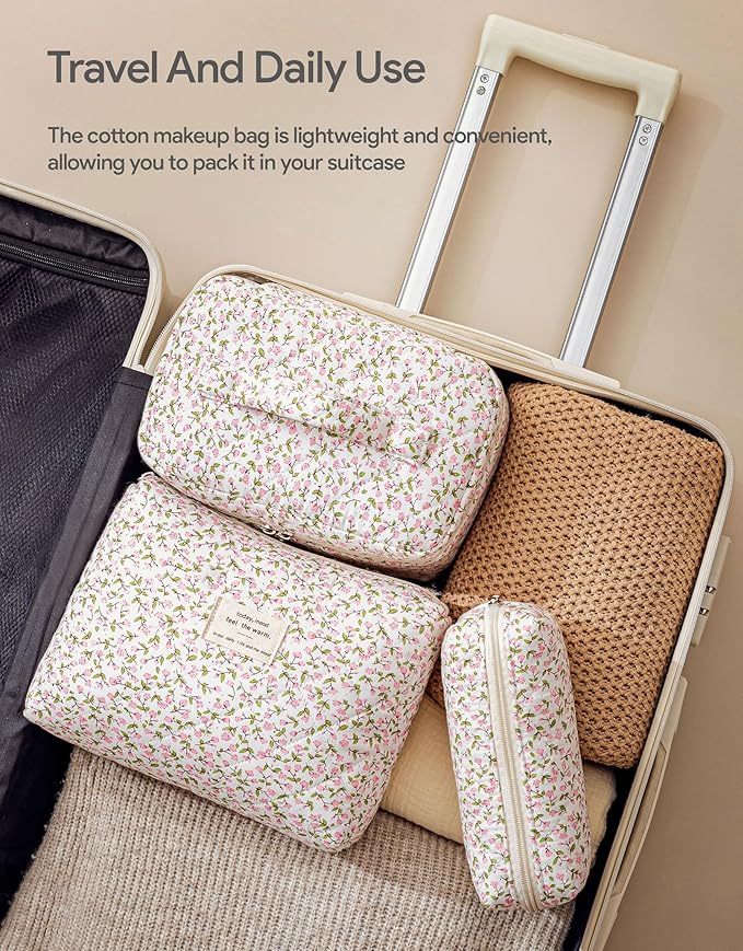 HBselect Quilted Makeup Bag, 3Pcs Cotton Large Travel Makeup Bags Organizer