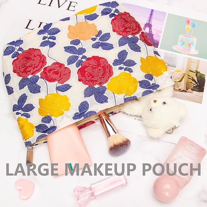 Flat Makeup Bag for Women,Zipper Cosmetic Pouch for Purse,Rose Beige