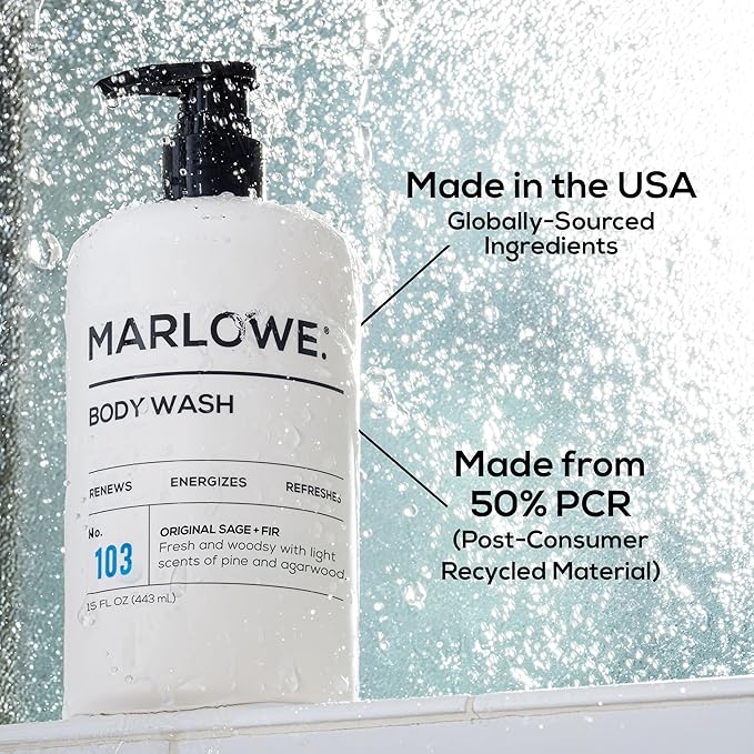 MARLOWE. Men's Body Wash, Refreshing Shower Gel, Sage + Fir, 16 oz Pump