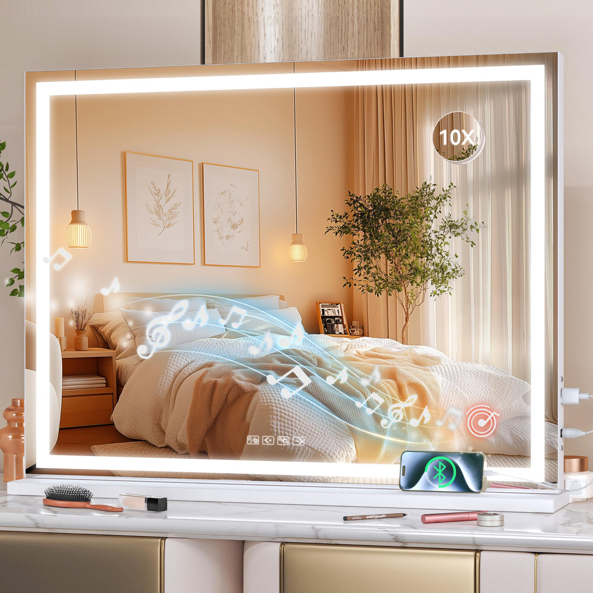 Hasipu Vanity Mirror with Lights, 27.6" x 20" LED Makeup Mirror, Lighted Makeup Mirror with Dimmable 3 Modes, Touch Screen Control Vanity Mirror Round Gold