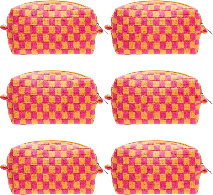 Checkered Makeup Bag for Purse, Small Cosmetic Pouch,Red Orange,6 Pack