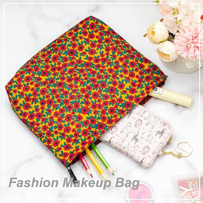 Flat Makeup Bag for Women,Zipper Cosmetic Pouch for Purse,Floral Red