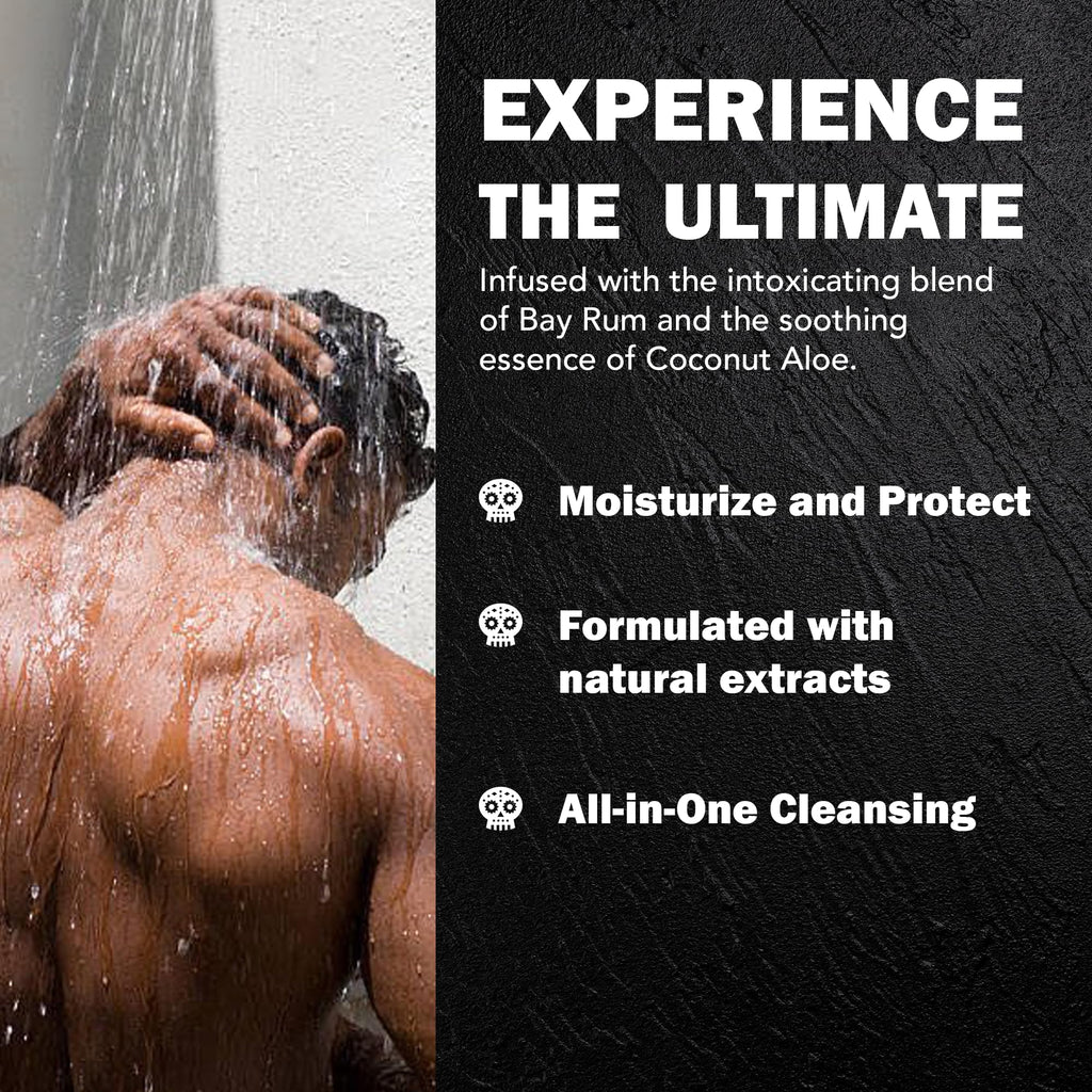 Natural Wunderz Mens Body Wash, Exfoliating Bay Rum & Coconut Aloe Scent, 32 Fl Oz All-In-One Liquid Soap and Shower Gel, Sulfate Free and Vegan Friendly Body Scrub