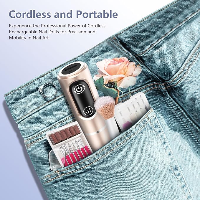 TUOBEO Cordless Nail Drill Electric Rechargeable File Kit, Professional Efile Acrylic Gel Nail Polish Remover Pedicure Manicure Machine Portable Set with 11 Bits 56 Sanding Bands for Salon Home Gold