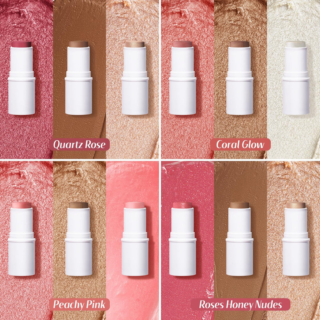 KIMUSE Multi Stick Trio Face Makeup, Cream Blush Stick for Cheeks & Lips, Contour Stick & Highlighter Makeup Sticks for All Skin