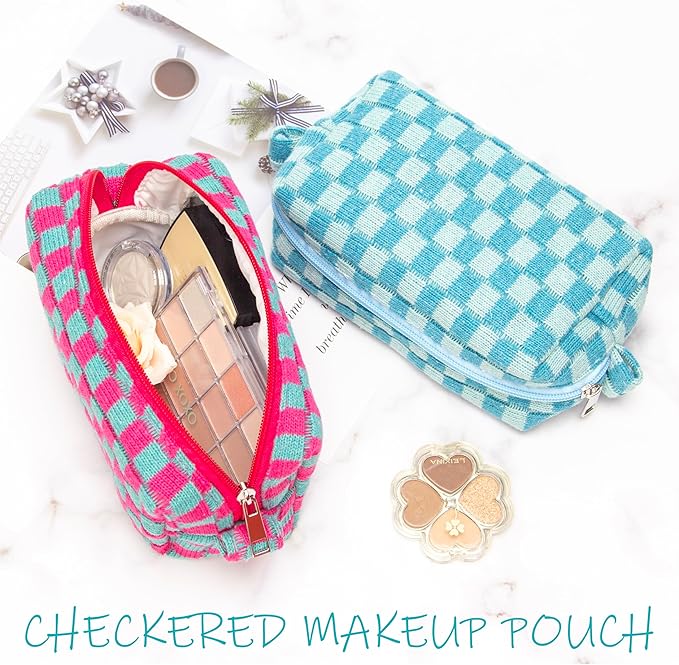 Checkered Makeup Bag for Purse, Small Cosmetic Pouch,Magenta Green,6 Pack