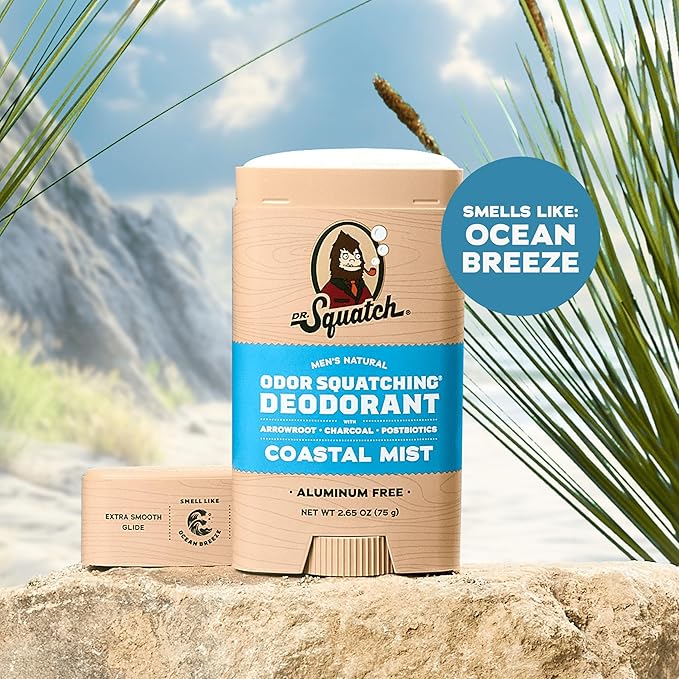 Dr. Squatch Natural Men’s Deodorant – Aluminum Free Natural Deodorant Men with Charcoal & Postbiotics for 72-Hour Odor Protection – Coastal Mist, 2.65oz Stick (3-Pack)