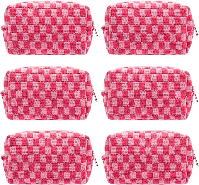 Checkered Makeup Bag for Purse, Small Travel Cosmetic Pouch,Hotpink,6 Pack