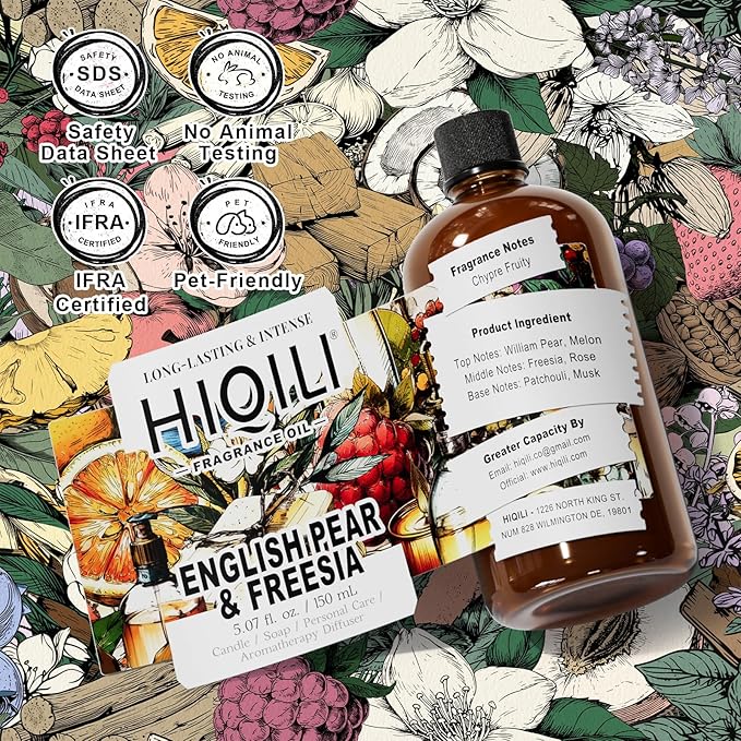 HIQILI English Pear & Freesia Fragrance Oil for Candle, Soap & Perfume Making, Premium Scents for Essential Oil Diffuser, Home Spray - 5.07 Fl Oz