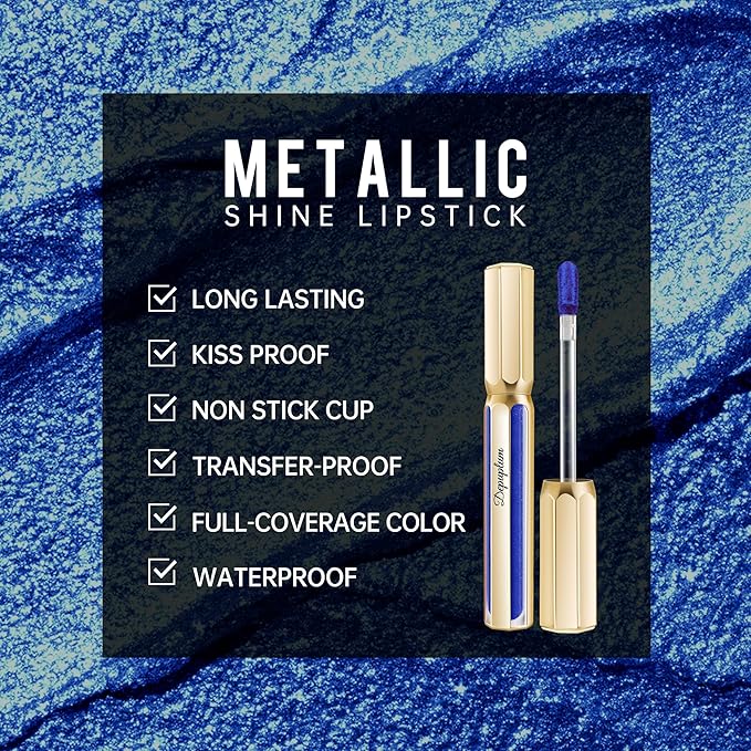 Depuplum Blue Lipsticks for Women Metallic Glitter Long Lasting Lipstick