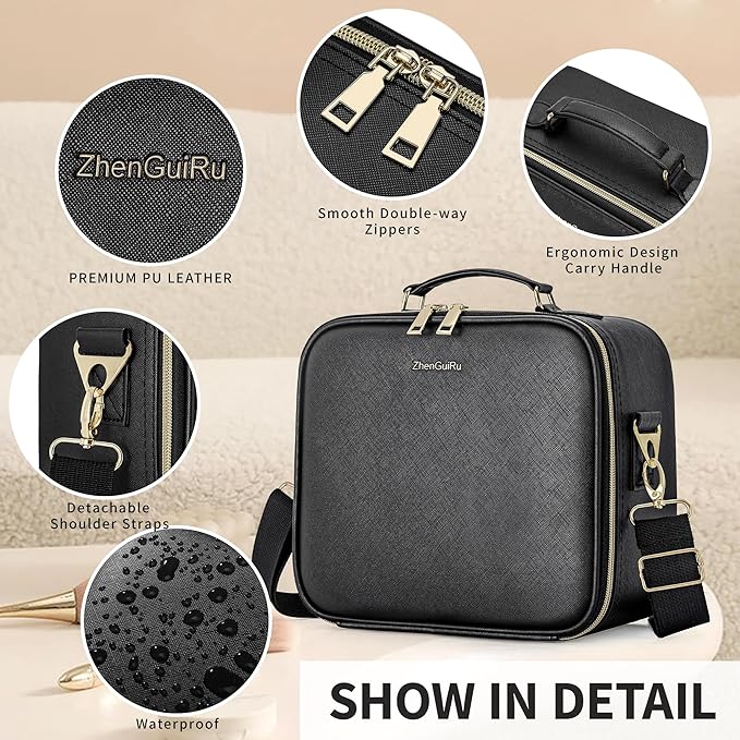 ZhenGuiRu Travel Makeup Bag with LED Mirror, Portable Cosmetic Case Organizer with Lighted Mirror, Waterproof Makeup Case for Cosmetic Brush Holder Storage, Black Toiletry Bag for Women Gift