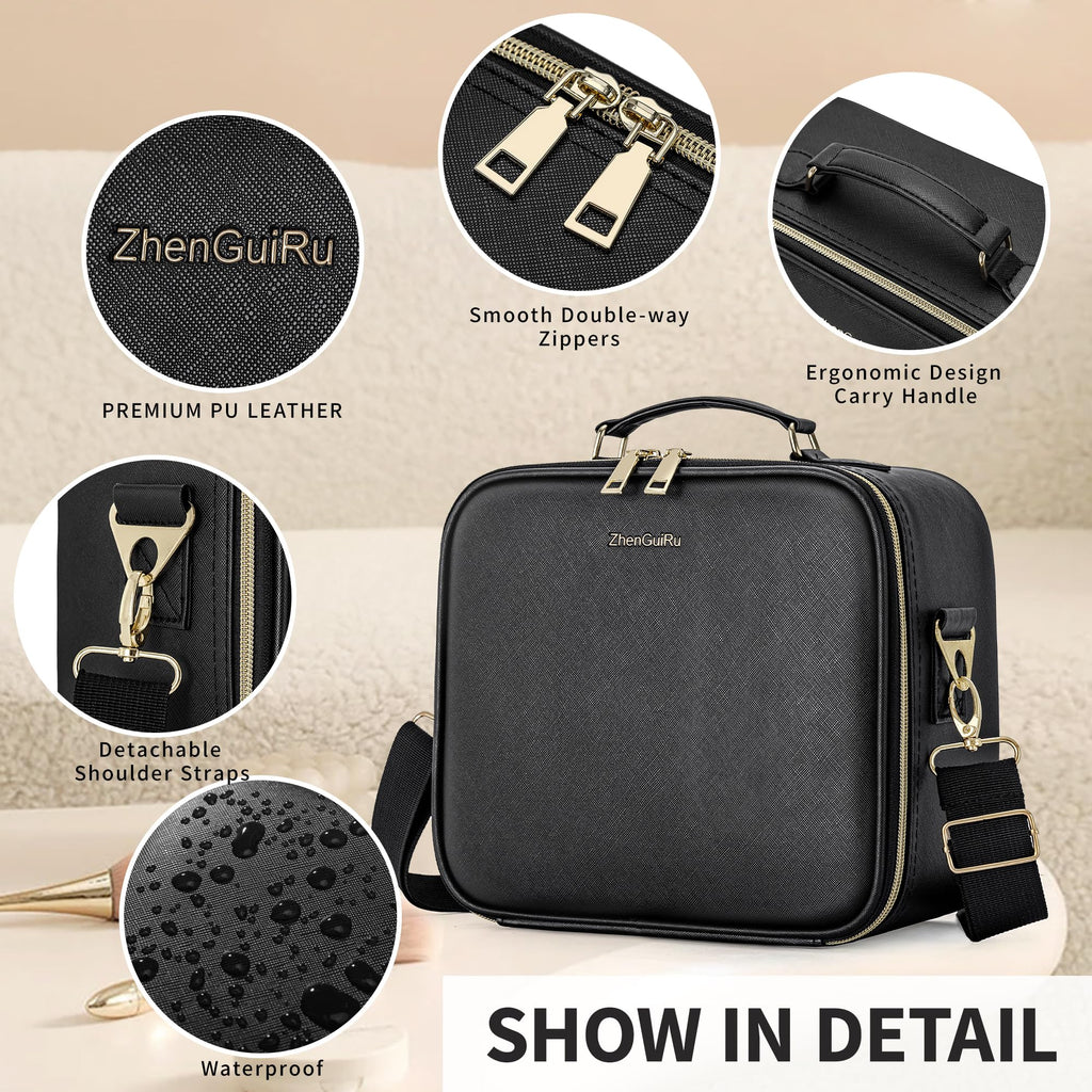 ZhenGuiRu Travel Makeup Bag with LED Mirror, Portable Cosmetic Case Organizer with Lighted Mirror, Waterproof Makeup Case for Cosmetic Brush Holder Storage, Black Toiletry Bag for Women Gift
