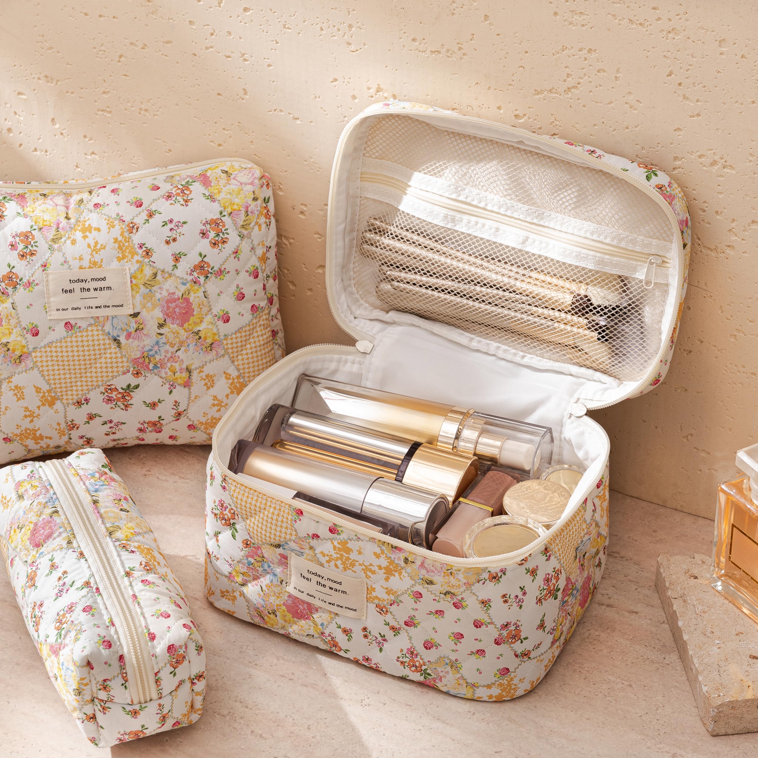 HBselect Quilted Makeup Bag, 3Pcs Cotton Large Travel Makeup Bags Organizer