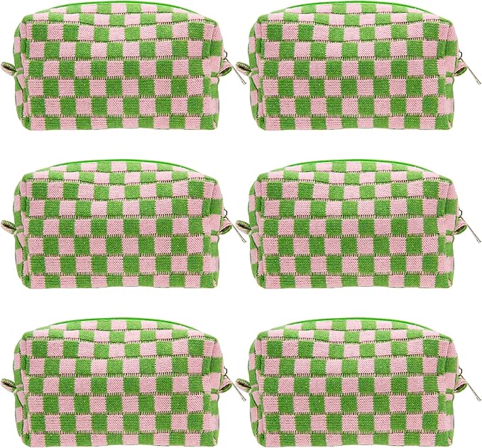 Checkered Makeup Bag for Purse, Small Cosmetic Pouch,Pink Green,6 Pack