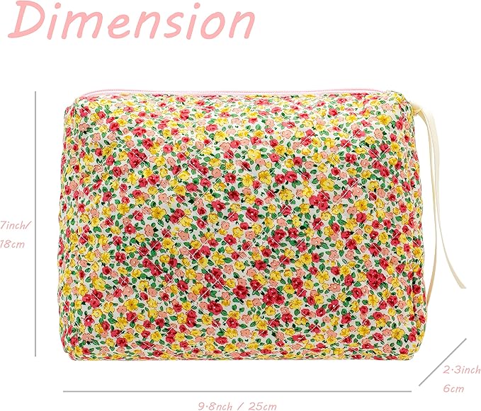 Quilted Makeup Pouch for Women, Travel Cosmetic&Toiletry Bag,Little Flower