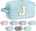 YOOLIFE Initial Makeup Bag for Women - Monogram Cute Makeup Bags Cosmetic Case Toiletry Pouch for Women Her Best Friend Sister Teacher, Personalized Birthday Gifts for Women, Light Blue J
